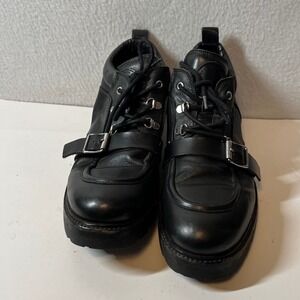ALLSAINTS Black Leather Buckle Lace Up Ankle Boots, Lug Sole, Euro‎ 40 US 10